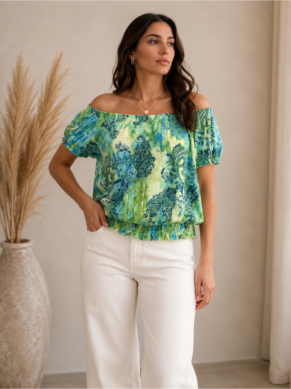 Grace Elements Green Blue Paisley Off Shoulder Boho Blouse